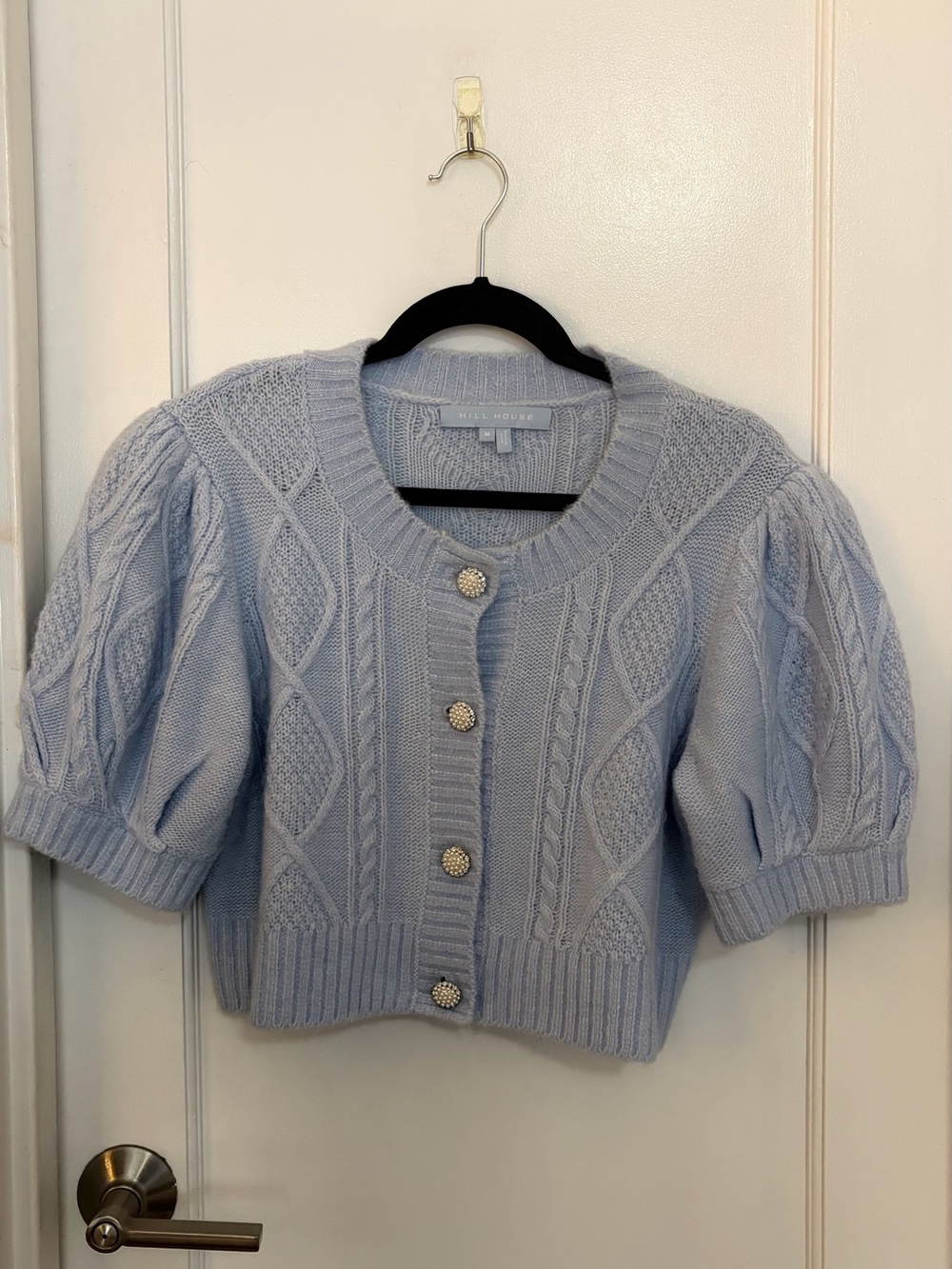 Hill House Powder Blue Cropped Cable-Knit Cardigan